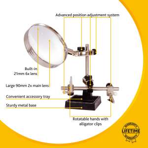 Levenhuk Zeno Refit ZF15 nagyító csipeszekkel, 2x és 6x nagyítás, 90 mm-es lencse, állítható karok, kiegészítő tálca, masszív fém talp - Levenhuk