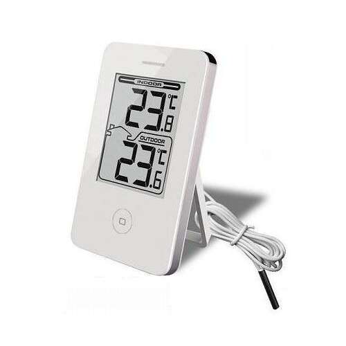 Digital indoor and outdoor thermometer with a white display and a cable for the external sensor