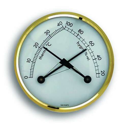 Analogue thermometer and hygrometer with gold frame, measures temperature and humidity