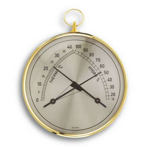Goldfarbener analoger Thermometer und Hygrometer mit schwarzen Zeigern, hergestellt in Deutschland