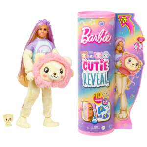 Barbie Cutie Reveal Cozy Cute Tees baba plüss oroszlánnal, lila és fehér ruhában, egy kisebb plüss oroszlánt tartva - Mattel Baba