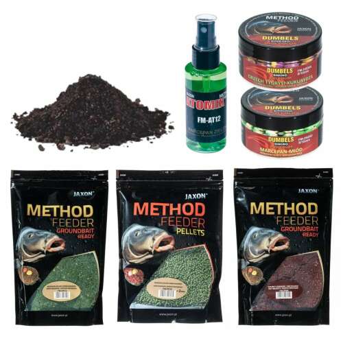Jaxon Method Feeder Groundbait Ready, Method Feeder Pellets, Method Feeder Groundbait Ready, Atomix FM-AT12, Jaxon Method Dumbels Marcepan-Miod, Jaxon Method Dumbels Green Tygrysi Kukurudza horgász csalik szettje - Egyéb horgász szett