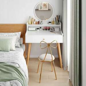 Toaletă albă cu oglindă și sertar, perfectă pentru machiaj și produse de înfrumusețare - Mobiliere