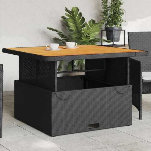vidaXL fekete polyrattan és akácfa kerti asztal állítható magassággal, 110 x 110 x 71 cm - Kerti asztal