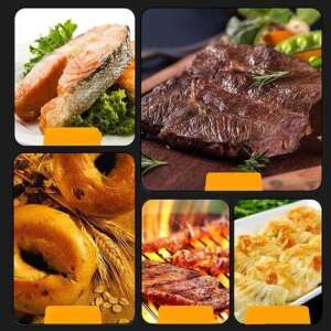 Collage mit verschiedenen Speisen, die mit dem Edelstahl-Fleischwender zubereitet werden, darunter Lachs, Steak, Bagels und gegrilltes Fleisch - Küchenaccessories