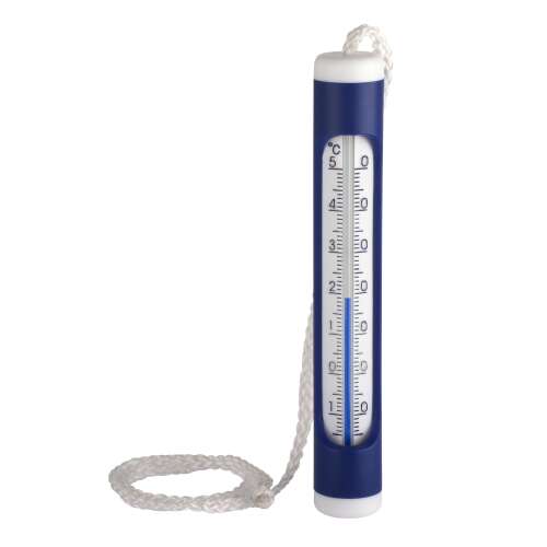 Blue pool thermometer with string, measures temperature in Celsius, -15° to +50°C
