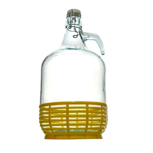 5 Litrowy Demijohn Szklany z Odpinanym Koszykiem Plastikowym, Przezroczyste Szkło, Żółty Koszyk