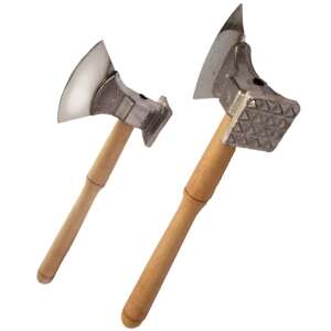 Meat tenderizer with wooden handle, two sides, one with a flat blade and one with a textured surface - Meat tenderizer