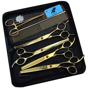 POWERLIX, 5-Piece Professional Golden Scissors Set for Grooming Animals, Dogs, and Cats, Including Comb and Storage Pouch