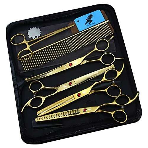 POWERLIX 5 piece professional pet grooming scissors set with comb and storage bag, gold