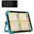 Portable solar LED lamp charging a smartphone, IP66 waterproof.