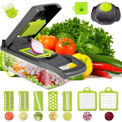 Multifunctional vegetable slicer with 14 attachments, green and black, with a container for slicing and chopping vegetables, ideal for kitchen use