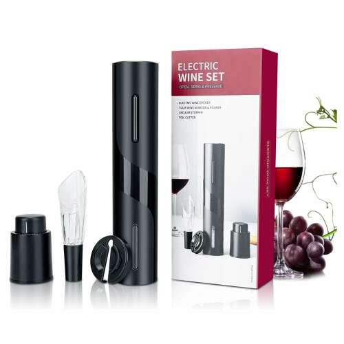 Electric wine opener set with foil cutter, vacuum stopper, and wine aerator/pourer