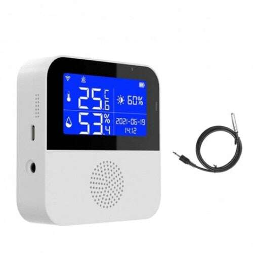 White WiFi smart thermostat with LCD display showing temperature and humidity, external temperature sensor cable included