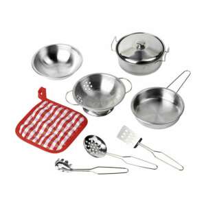 Play kitchen cookware set, 9 piece, includes pot, pan, strainer, bowl, spatula, spoon, tongs, and pot holder - Toy kitchen tool