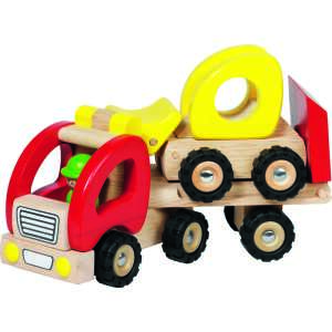 Goki wooden toy truck with a yellow excavator on the back - Toy