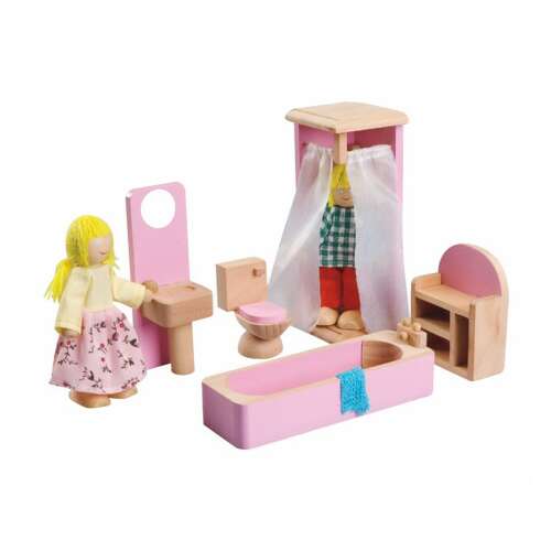Fa babaház fürdőszoba bútor készlet rózsaszín kád, mosdó, WC, zuhanyzó és szekrény, babaházhoz
