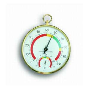 Analóg hő- és páratartalommérő, 100 mm átmérőjű, sárgaréz kerettel, -10 és +55 Celsius fok közötti hőmérsékletet és 0 és 100% közötti páratartalmat mér - TFA