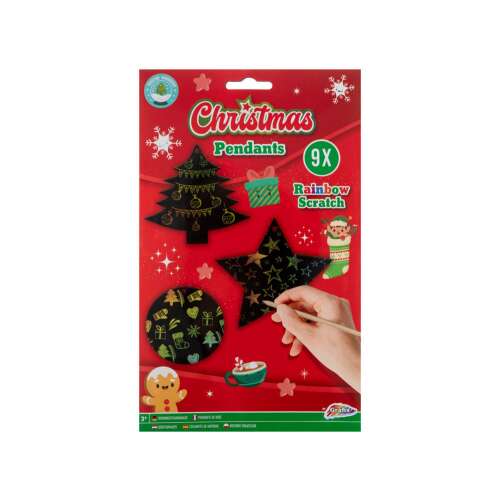 Grafix Vianočné škrabovacie prívesky, 9-dielna sada, vianočný stromček, hviezda, kruh, ozdoba, perník, ponožka, darček, pohár, Santa Claus, dúhové škrabanie, remeselná sada, aktivita pre deti