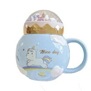 Pufo Unicorn World ceramic mug with lid for coffee or tea, 400 ml, blue - Mug