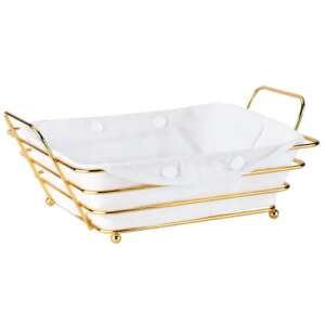 Gold metal bread basket with white fabric liner, Pufo brand - Bread Bin