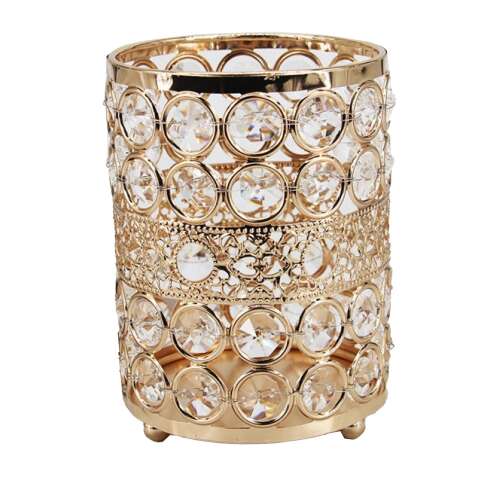 Arany fém sminkecset tartó kristály díszítéssel, Pufo Fame