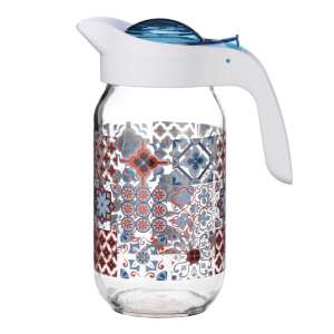 Pufo 1L ulcior din sticlă cu capac, capac albastru și alb, model roșu și albastru, pentru apă, limonadă sau suc - Ulcioare