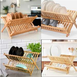 Collage of Pufo bamboo dish drying rack, showing different angles and uses - Dish Rack