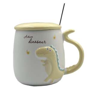 Yellow ceramic mug with dinosaur design and lid, 400 ml, Pufo Dyno - Mug