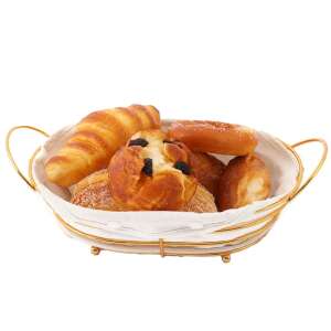 Gold oval metal bread basket with removable textile lining, Pufo brand, filled with bread rolls and pastries - Bread Bin