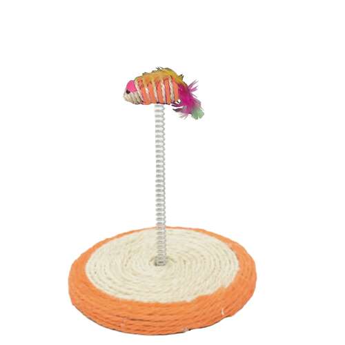 Interactive cat toy with a spring and a fish-shaped toy on a stand, yellow