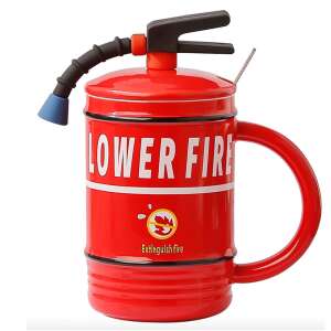 Red ceramic mug shaped like a fire extinguisher with a lid and a spoon, Lower Fire brand - Mug