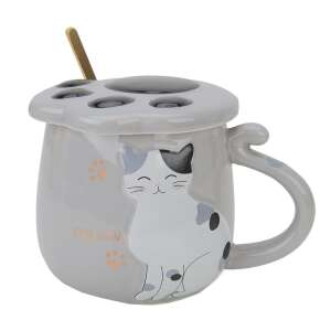 Gray ceramic mug with cat design and lid, 300ml - Mug