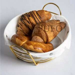 Pufo gold metal bread basket with removable textile lining, filled with croissants - Bread Bin