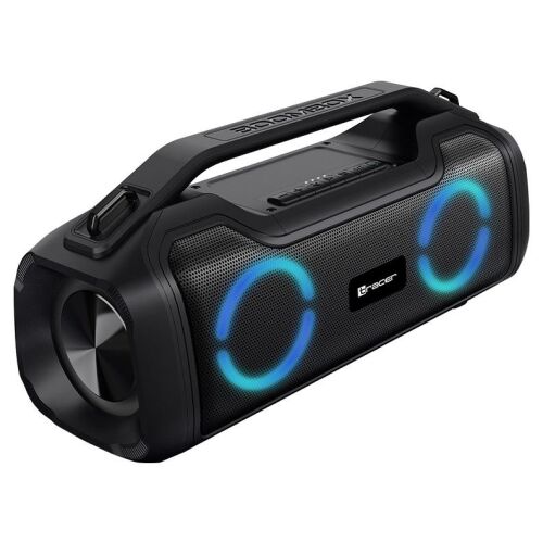 Szögletes nézet a Tracer BigBoy Bluetooth Boombox hangszóróról kék RGB fényekkel