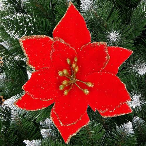 10 karácsonyfadíszből álló készlet, Mikulásvirág csillag, 13cm, piros csillogással