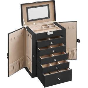 SONGMICS 6-Tier Jewelry Box with Mirror, Lock and Drawers, Black - SONGMICS