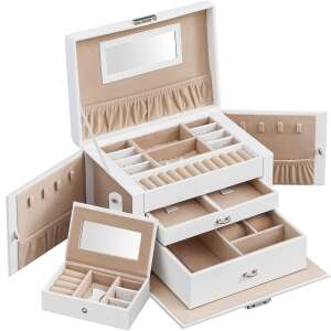 White Songmics jewelry box with 3 layers, mirror, lock, and handle - SONGMICS