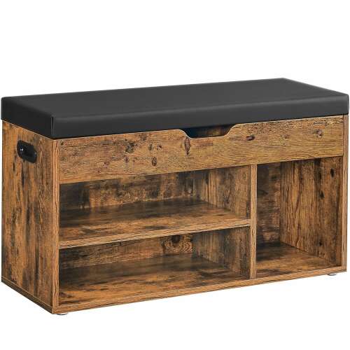 VASAGLE Shoe Bench with Cushioned Seat, 80 x 30 x 44 cm, 3 Compartments & 1 Storage Bin, 150 kg Load Capacity, Industrial Style, Rustic Brown 93438458