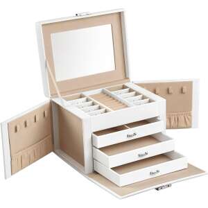 White Songmics jewelry box with three drawers, mirror and compartments for necklaces, earrings and rings - SONGMICS