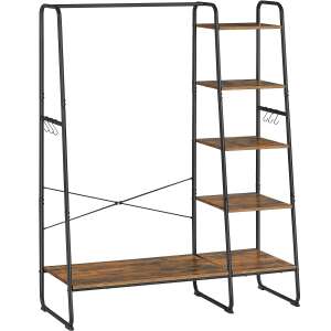VASAGLE garment rack with shoe shelf, 5 shelves, 6 side hooks, rustic brown and black - Clothing Rack