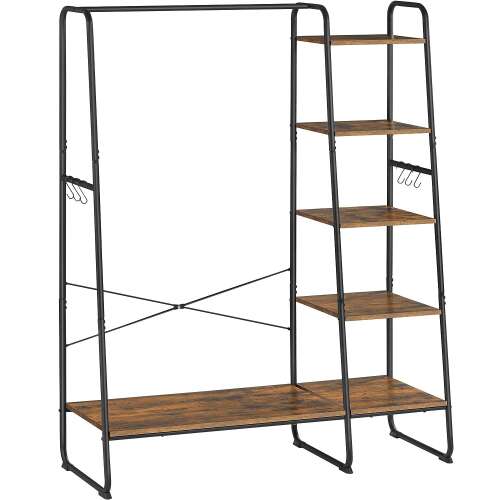 VASAGLE garment rack with shoe shelf, 5 shelves, 6 side hooks, rustic brown and black
