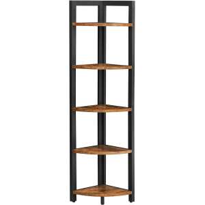 VASAGLE Biblioteca de colt cu 5 etaje, cadru metalic, 150x30x30cm, stil industrial maro rustic si negru