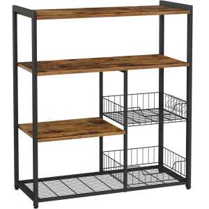 VASAGLE Kitchen Storage Rack with 4 Shelves, 2 Wire Baskets, and 6 Hooks, Rustic Brown - Household Supply