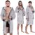 Collage of man wearing gray hooded terry cloth robe, knee length, M/L size