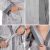 Collage of details of gray hooded terry cloth robe: pocket, tie belt, hood