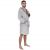 Man wearing gray hooded terry cloth robe, knee length, M/L size, side view