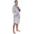 Man wearing gray hooded terry cloth robe, knee length, M/L size, side view