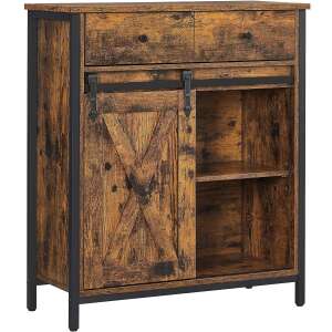 VASAGLE Rustic Side Cabinet with Sliding Barn Door, 2 Drawers, 4 Shelves, Brown and Black - VASAGLE