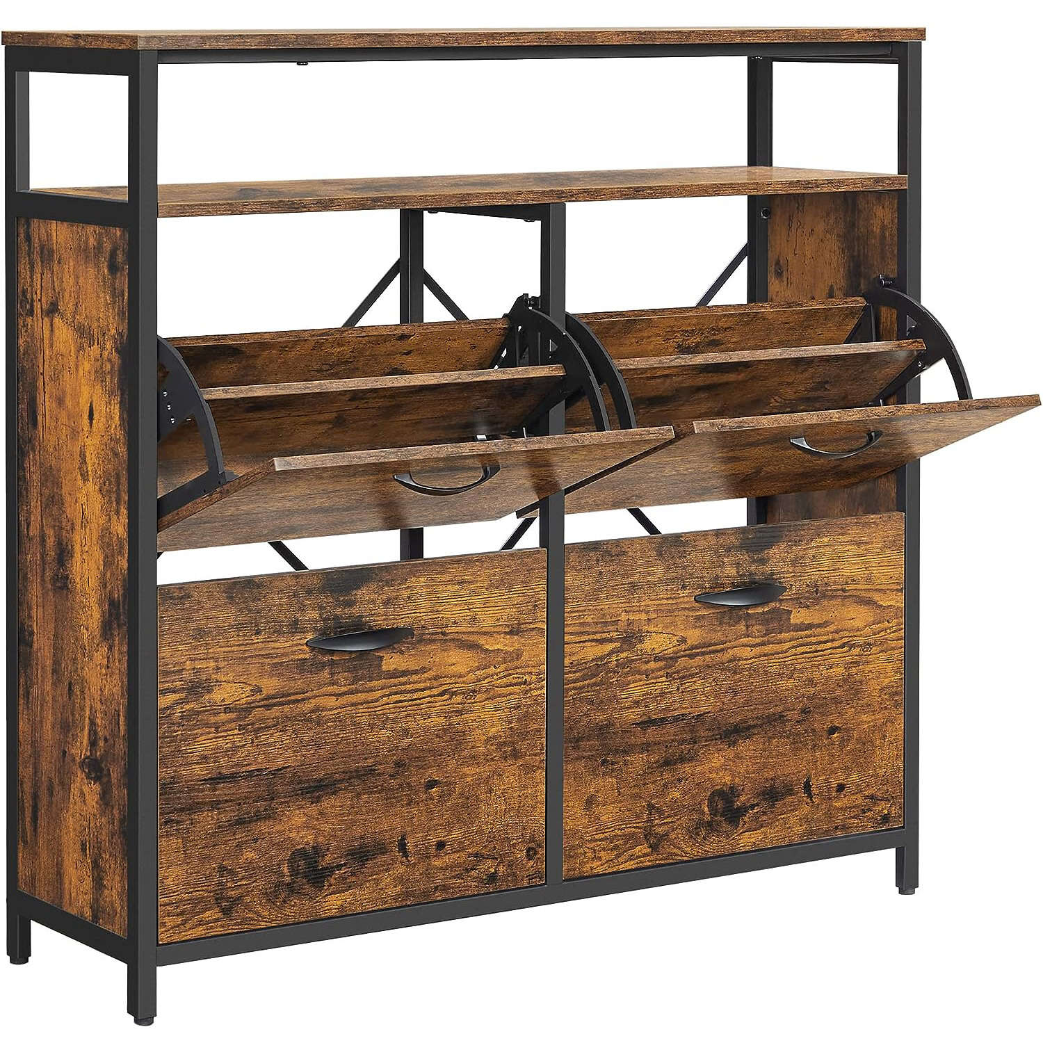 VASAGLE MDF botník so 4 krídlovými dvierkami, pre 12-20 párov, 98x30x95cm, rustikálna hnedá a čierna